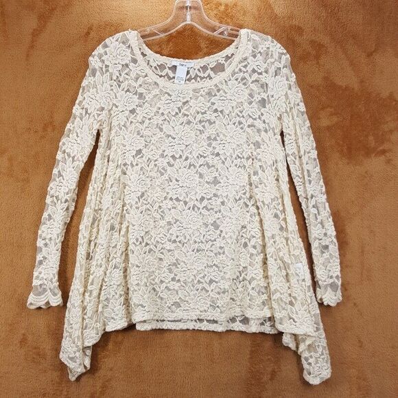 BAR III Top Womens XS Cream Pullover Lace Knit Asymmetrical Shark Bite Sheer - Picture 1 of 6